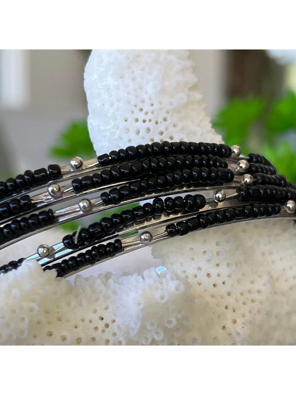 Erica Lyons Silver/Black Seed Bead Set of 5 Bracelets $16ea / 3 for $25